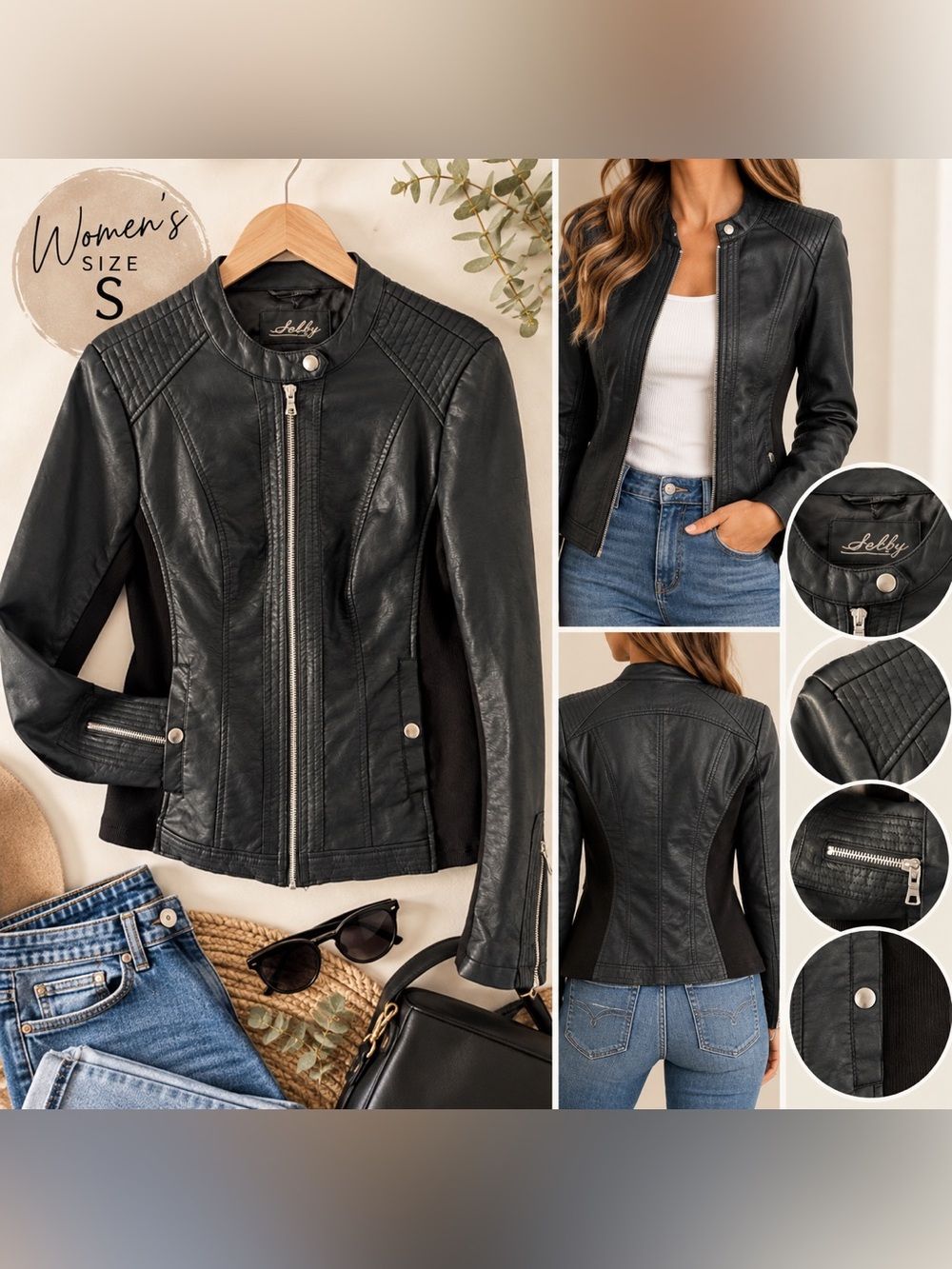 Sebby Collection Black Faux Leather Moto Jacket Ribbed Knit Stretch Panels S